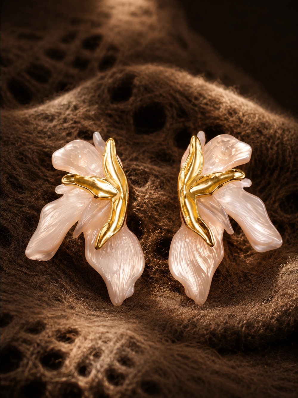 Gold tone and Pearl Pink Floral Petal Drop Earrings - Picture 4 of 11